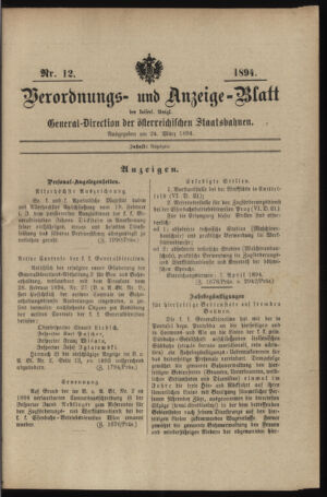 Verordnungs- und Anzeige-Blatt der k.k. General-Direction der österr. Staatsbahnen 18940324 Seite: 1