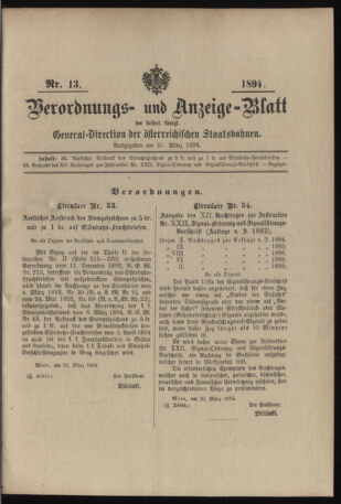 Verordnungs- und Anzeige-Blatt der k.k. General-Direction der österr. Staatsbahnen 18940331 Seite: 1