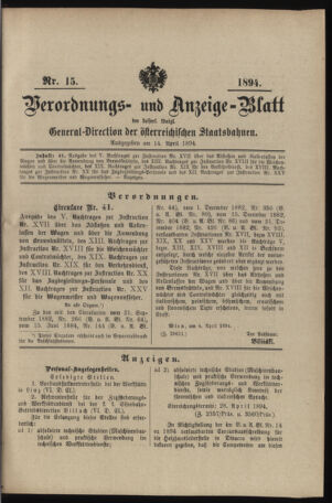 Verordnungs- und Anzeige-Blatt der k.k. General-Direction der österr. Staatsbahnen 18940414 Seite: 1