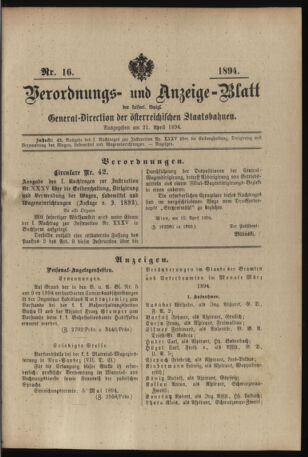 Verordnungs- und Anzeige-Blatt der k.k. General-Direction der österr. Staatsbahnen 18940421 Seite: 1