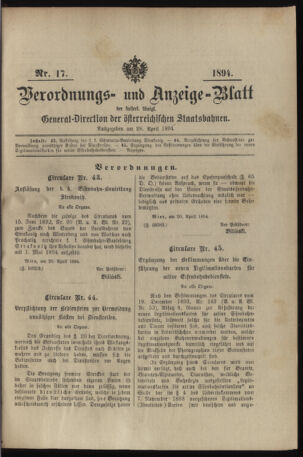 Verordnungs- und Anzeige-Blatt der k.k. General-Direction der österr. Staatsbahnen 18940428 Seite: 1