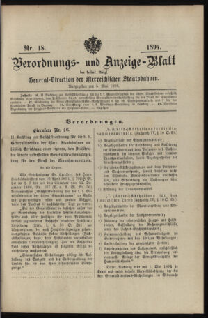 Verordnungs- und Anzeige-Blatt der k.k. General-Direction der österr. Staatsbahnen 18940505 Seite: 1