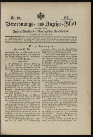 Verordnungs- und Anzeige-Blatt der k.k. General-Direction der österr. Staatsbahnen 18940512 Seite: 1