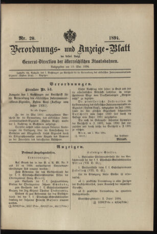 Verordnungs- und Anzeige-Blatt der k.k. General-Direction der österr. Staatsbahnen 18940519 Seite: 1