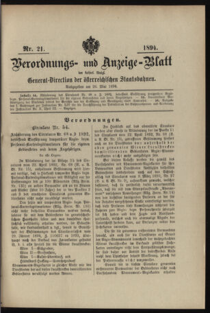 Verordnungs- und Anzeige-Blatt der k.k. General-Direction der österr. Staatsbahnen 18940526 Seite: 1