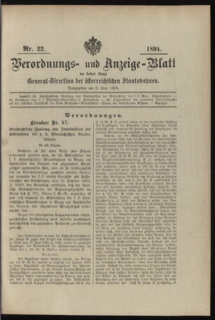 Verordnungs- und Anzeige-Blatt der k.k. General-Direction der österr. Staatsbahnen 18940602 Seite: 1