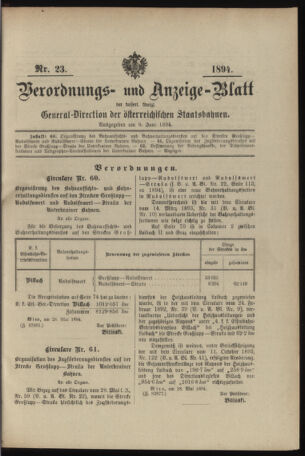 Verordnungs- und Anzeige-Blatt der k.k. General-Direction der österr. Staatsbahnen 18940609 Seite: 1