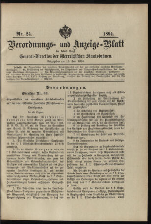 Verordnungs- und Anzeige-Blatt der k.k. General-Direction der österr. Staatsbahnen 18940616 Seite: 1