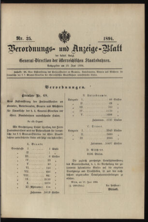 Verordnungs- und Anzeige-Blatt der k.k. General-Direction der österr. Staatsbahnen 18940620 Seite: 1