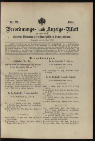 Verordnungs- und Anzeige-Blatt der k.k. General-Direction der österr. Staatsbahnen 18940630 Seite: 1