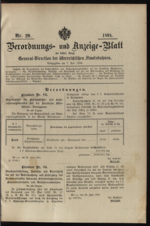 Verordnungs- und Anzeige-Blatt der k.k. General-Direction der österr. Staatsbahnen 18940707 Seite: 1