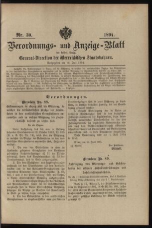 Verordnungs- und Anzeige-Blatt der k.k. General-Direction der österr. Staatsbahnen 18940714 Seite: 1