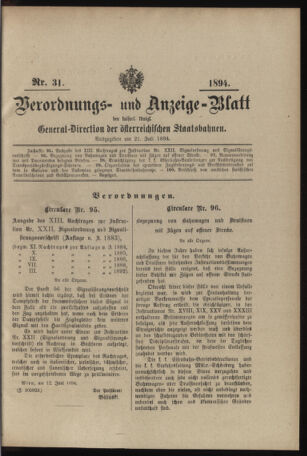 Verordnungs- und Anzeige-Blatt der k.k. General-Direction der österr. Staatsbahnen 18940721 Seite: 1