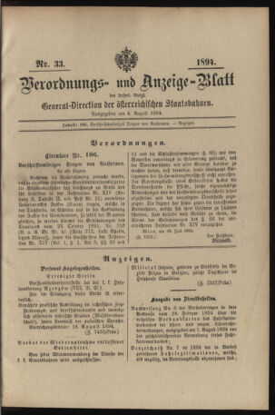 Verordnungs- und Anzeige-Blatt der k.k. General-Direction der österr. Staatsbahnen 18940804 Seite: 1