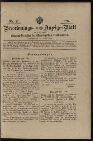 Verordnungs- und Anzeige-Blatt der k.k. General-Direction der österr. Staatsbahnen 18940818 Seite: 1