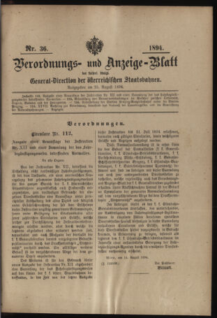 Verordnungs- und Anzeige-Blatt der k.k. General-Direction der österr. Staatsbahnen 18940825 Seite: 1