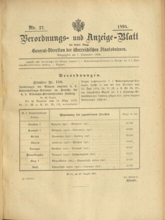 Verordnungs- und Anzeige-Blatt der k.k. General-Direction der österr. Staatsbahnen 18940901 Seite: 1