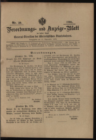 Verordnungs- und Anzeige-Blatt der k.k. General-Direction der österr. Staatsbahnen 18940915 Seite: 1