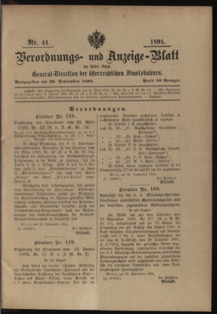 Verordnungs- und Anzeige-Blatt der k.k. General-Direction der österr. Staatsbahnen 18940929 Seite: 1