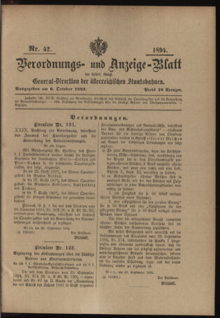 Verordnungs- und Anzeige-Blatt der k.k. General-Direction der österr. Staatsbahnen 18941006 Seite: 1