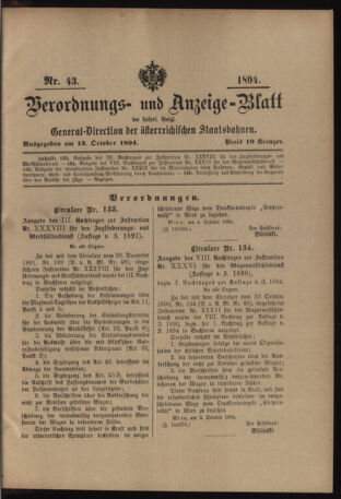 Verordnungs- und Anzeige-Blatt der k.k. General-Direction der österr. Staatsbahnen 18941013 Seite: 1