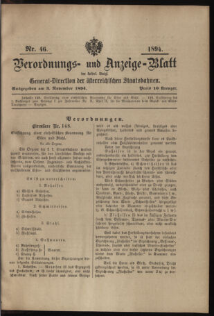 Verordnungs- und Anzeige-Blatt der k.k. General-Direction der österr. Staatsbahnen 18941103 Seite: 1