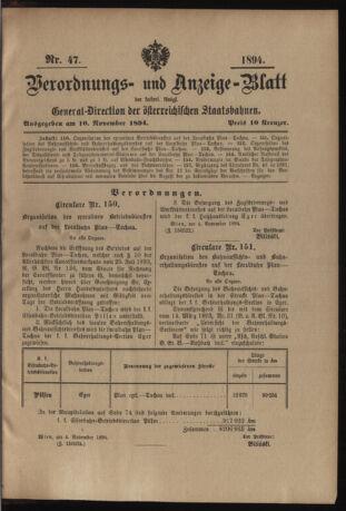 Verordnungs- und Anzeige-Blatt der k.k. General-Direction der österr. Staatsbahnen 18941110 Seite: 1