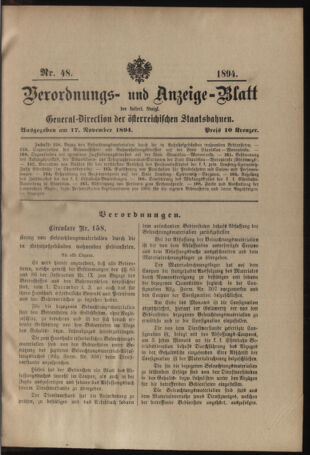 Verordnungs- und Anzeige-Blatt der k.k. General-Direction der österr. Staatsbahnen 18941117 Seite: 1