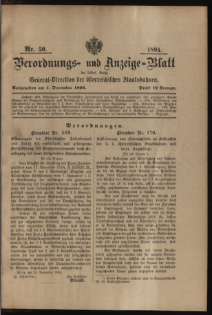 Verordnungs- und Anzeige-Blatt der k.k. General-Direction der österr. Staatsbahnen 18941201 Seite: 1