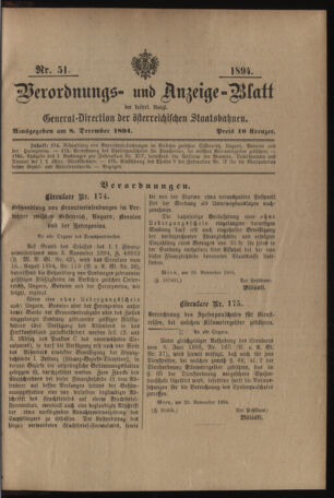 Verordnungs- und Anzeige-Blatt der k.k. General-Direction der österr. Staatsbahnen 18941208 Seite: 1