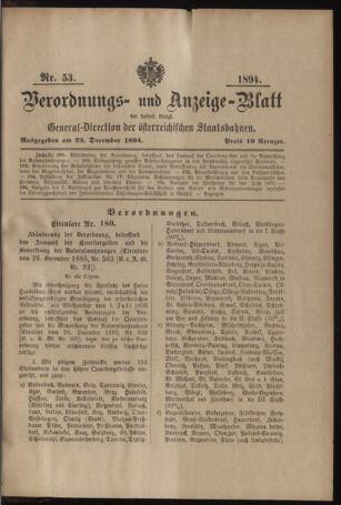 Verordnungs- und Anzeige-Blatt der k.k. General-Direction der österr. Staatsbahnen 18941222 Seite: 1