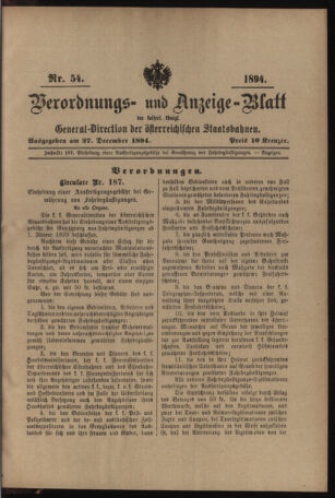 Verordnungs- und Anzeige-Blatt der k.k. General-Direction der österr. Staatsbahnen 18941227 Seite: 1