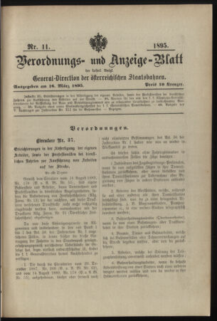 Verordnungs- und Anzeige-Blatt der k.k. General-Direction der österr. Staatsbahnen 18950316 Seite: 1