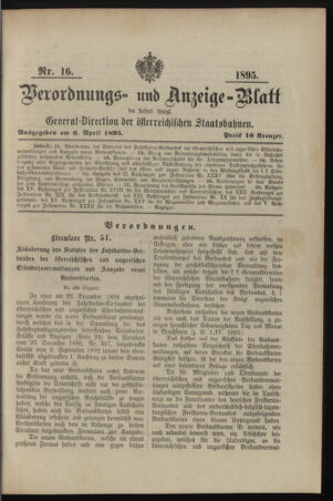 Verordnungs- und Anzeige-Blatt der k.k. General-Direction der österr. Staatsbahnen 18950406 Seite: 1