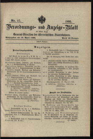 Verordnungs- und Anzeige-Blatt der k.k. General-Direction der österr. Staatsbahnen 18950413 Seite: 1