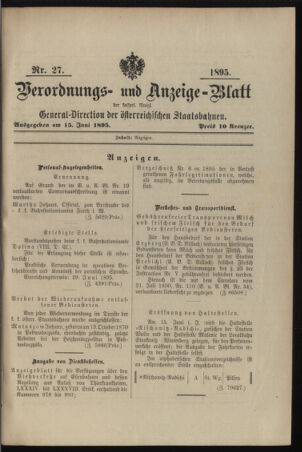 Verordnungs- und Anzeige-Blatt der k.k. General-Direction der österr. Staatsbahnen 18950615 Seite: 1