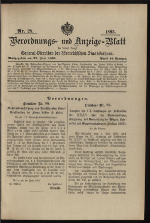 Verordnungs- und Anzeige-Blatt der k.k. General-Direction der österr. Staatsbahnen 18950622 Seite: 1