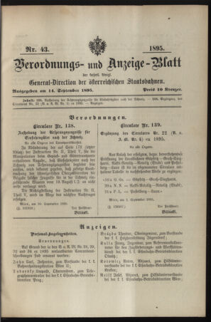 Verordnungs- und Anzeige-Blatt der k.k. General-Direction der österr. Staatsbahnen 18950914 Seite: 1