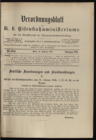 Verordnungs- und Anzeige-Blatt der k.k. General-Direction der österr. Staatsbahnen 18960222 Seite: 1