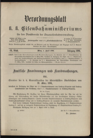 Verordnungs- und Anzeige-Blatt der k.k. General-Direction der österr. Staatsbahnen 18960404 Seite: 1