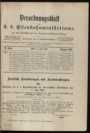 Verordnungs- und Anzeige-Blatt der k.k. General-Direction der österr. Staatsbahnen 18960411 Seite: 1