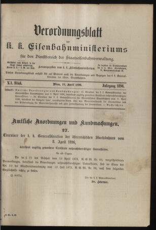 Verordnungs- und Anzeige-Blatt der k.k. General-Direction der österr. Staatsbahnen 18960418 Seite: 1