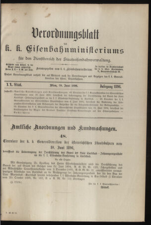 Verordnungs- und Anzeige-Blatt der k.k. General-Direction der österr. Staatsbahnen 18960620 Seite: 1