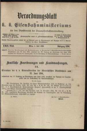 Verordnungs- und Anzeige-Blatt der k.k. General-Direction der österr. Staatsbahnen 18960704 Seite: 1