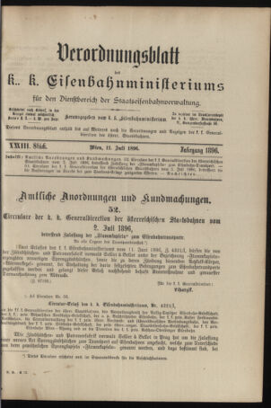 Verordnungs- und Anzeige-Blatt der k.k. General-Direction der österr. Staatsbahnen 18960711 Seite: 1