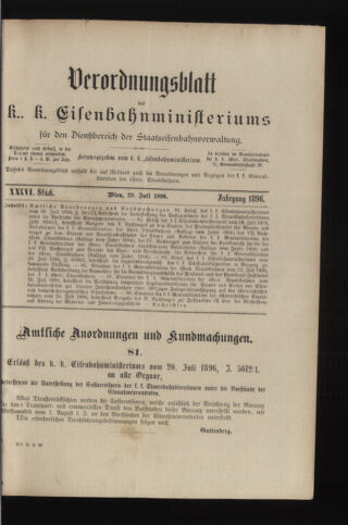 Verordnungs- und Anzeige-Blatt der k.k. General-Direction der österr. Staatsbahnen 18960729 Seite: 1