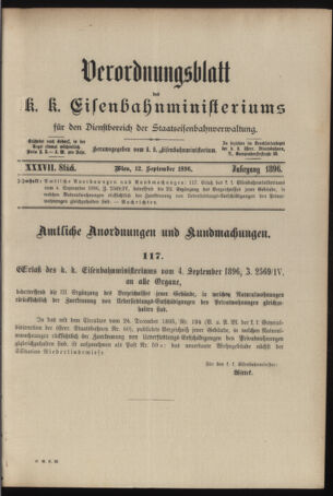 Verordnungs- und Anzeige-Blatt der k.k. General-Direction der österr. Staatsbahnen 18960912 Seite: 1