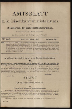 Verordnungs- und Anzeige-Blatt der k.k. General-Direction der österr. Staatsbahnen 18970227 Seite: 1