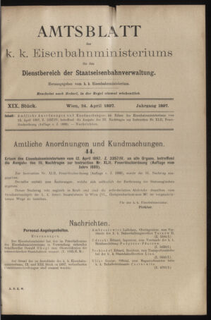 Verordnungs- und Anzeige-Blatt der k.k. General-Direction der österr. Staatsbahnen 18970424 Seite: 1