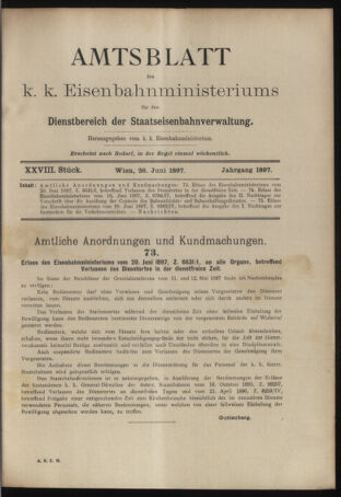 Verordnungs- und Anzeige-Blatt der k.k. General-Direction der österr. Staatsbahnen 18970626 Seite: 1